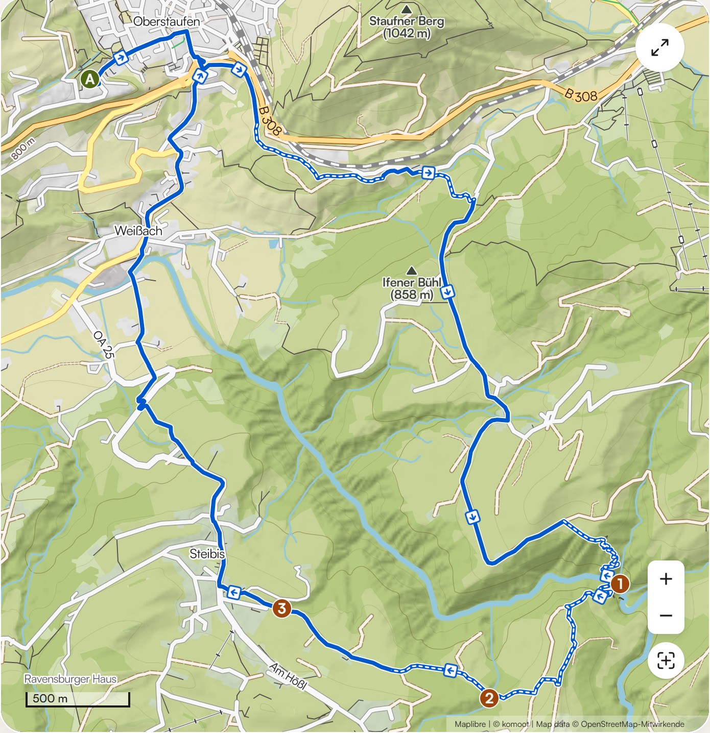 Karte Rundweg zu den Buchenegger Wasserfällen bei Oberstaufen mit Wegverlauf