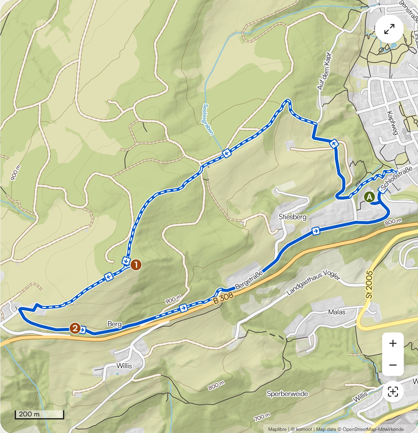Karte Rundwanderung zum Kapf bei Oberstaufen mit Wegverlauf