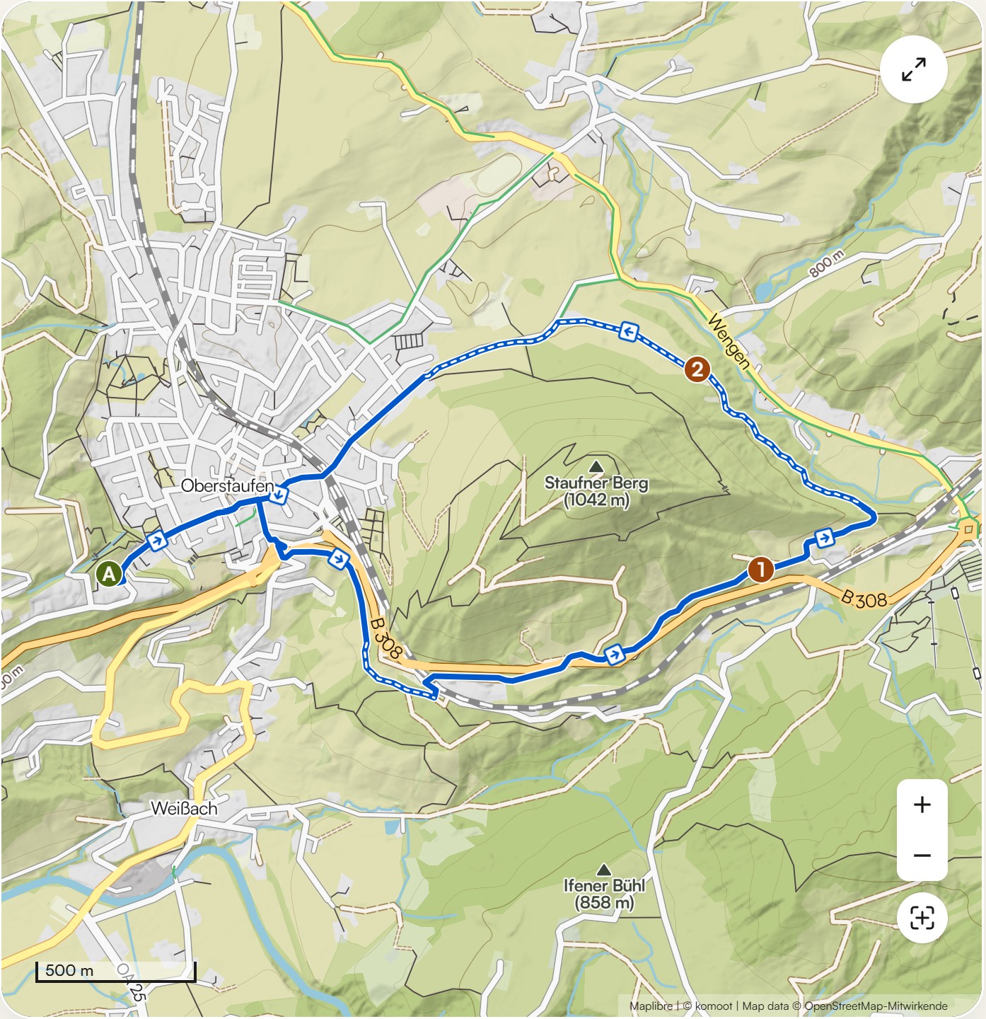 Karte Kinderwagentour rund um den Staufen bei Oberstaufen mit Wegverlauf