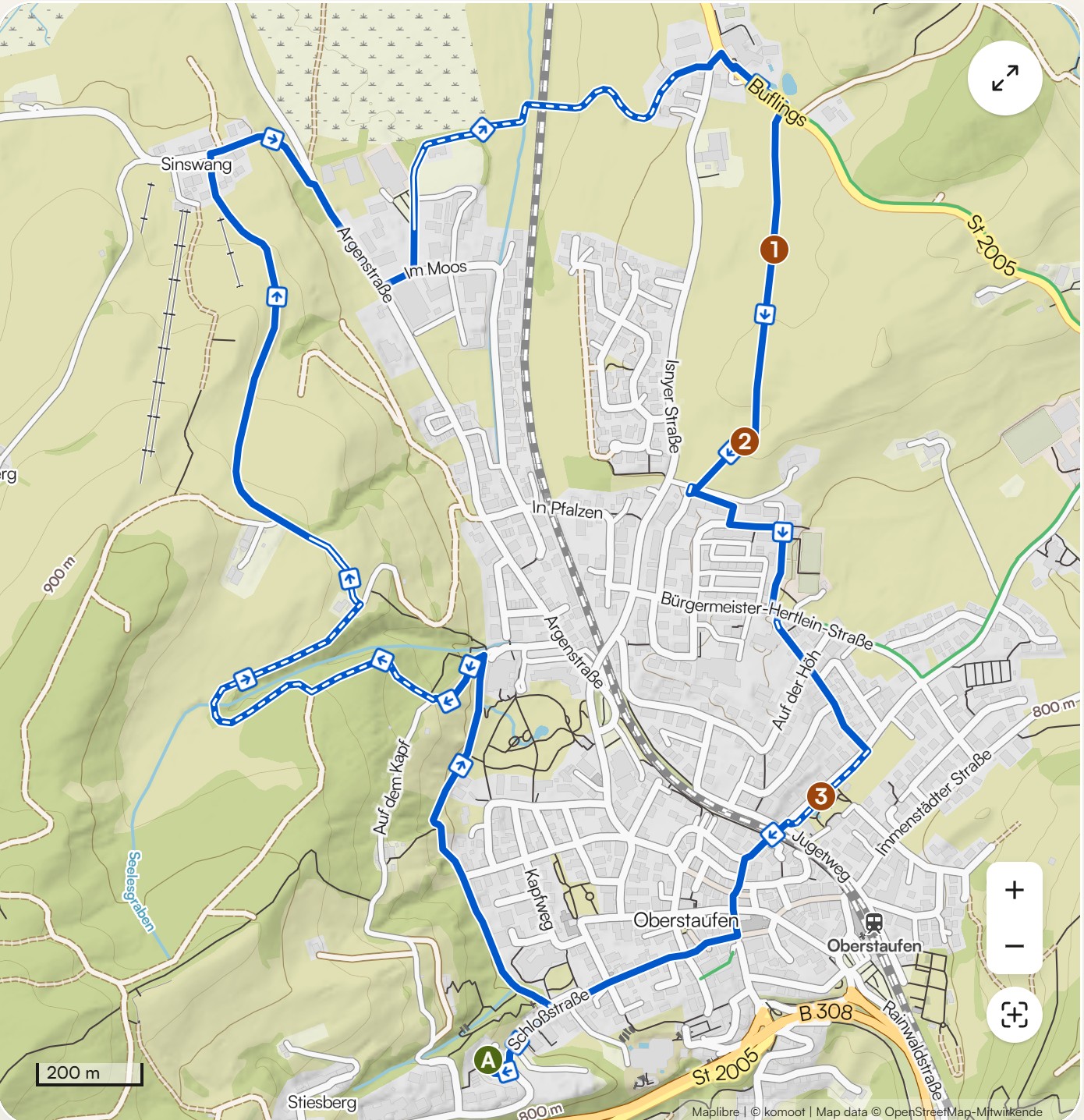 Karte Rundtour um Oberstaufen kinderwagentauglich mit Wegverlauf