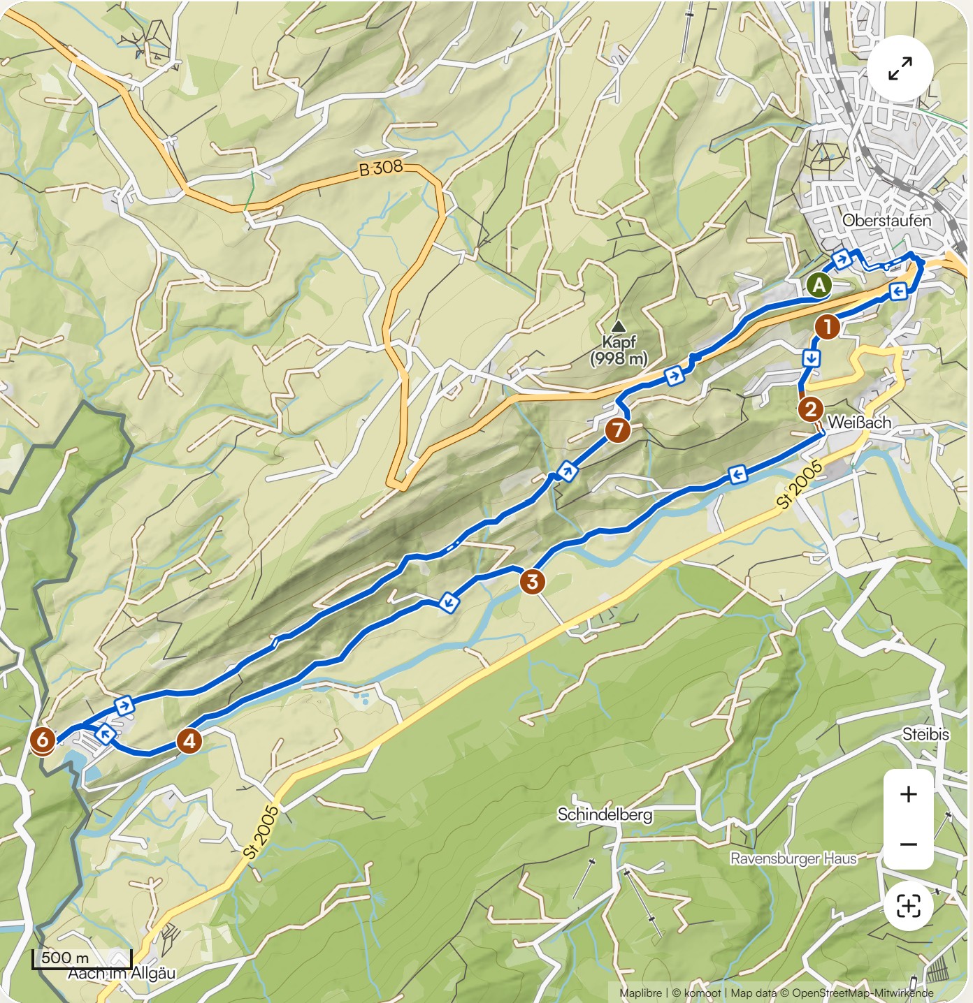 Karte Rundweg zu den Eibele Wasserfällen bei Oberstaufen mit Wegverlauf