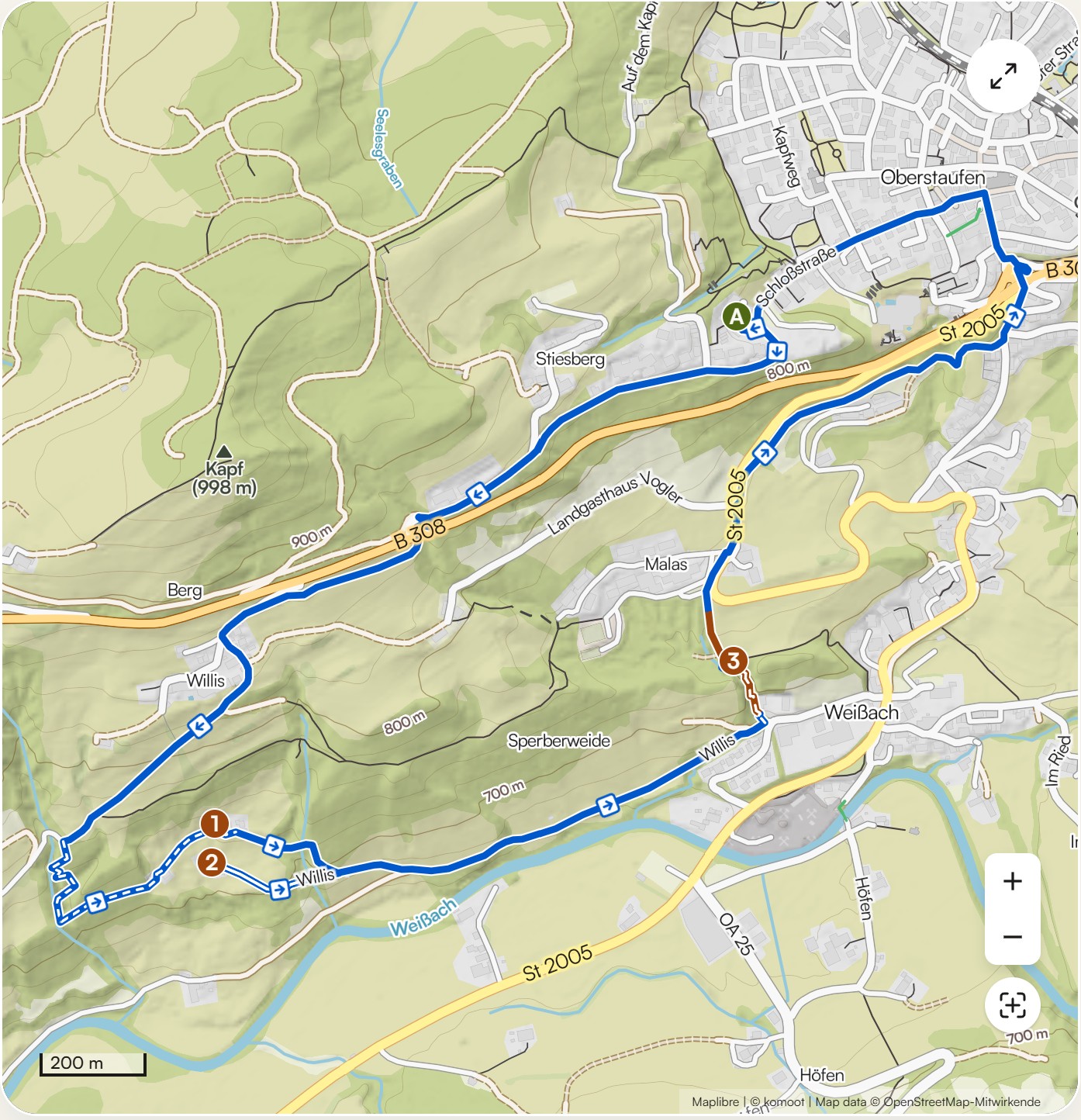 Karte Rundweg zur Blockhütte und Höll bei Oberstaufen mit Wegverlauf