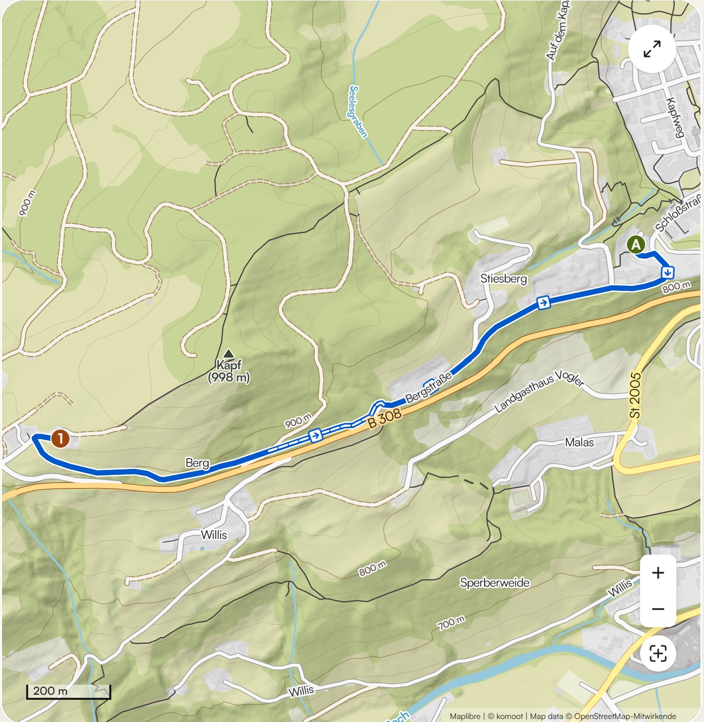 Karte Kinderwagenrunde zum Café Paradies bei Oberstaufen mit Wegverlauf