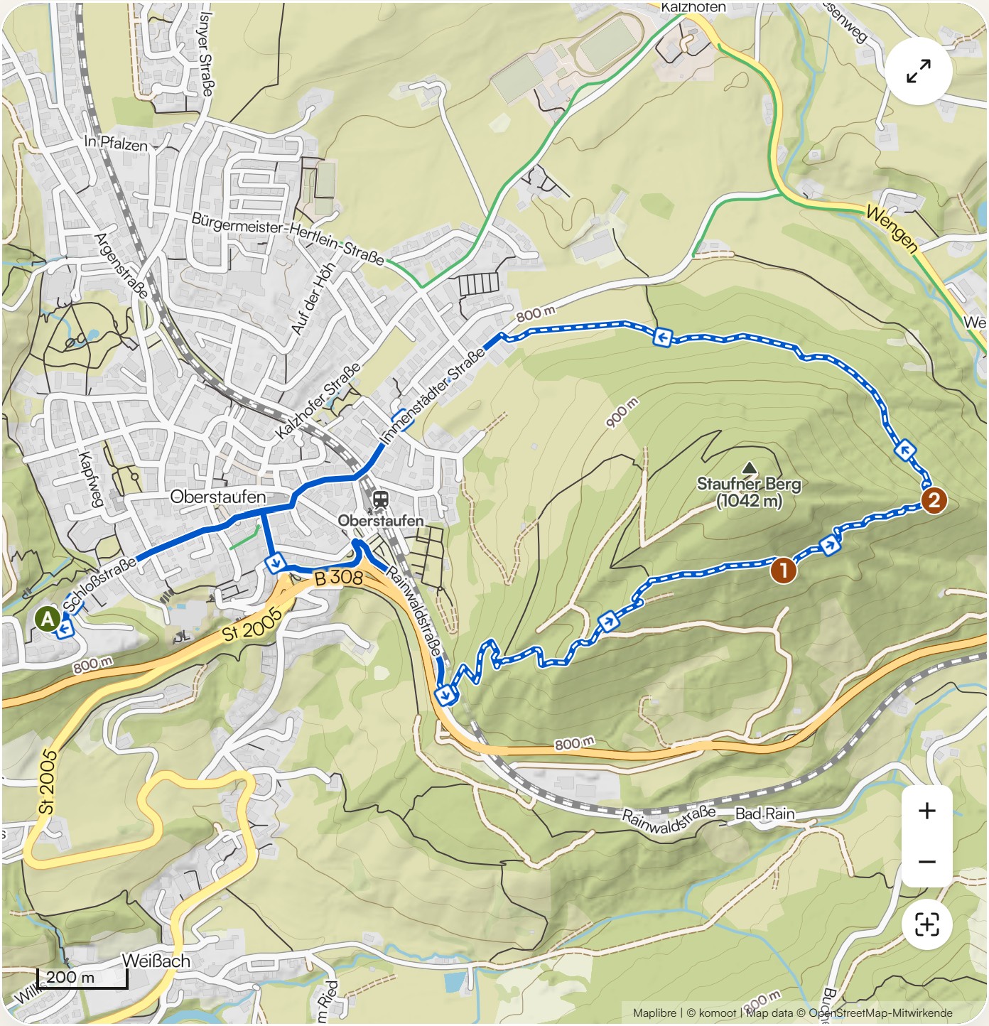 Karte Rundweg oberhalb um den Staufen bei Oberstaufen mit Wegverlauf